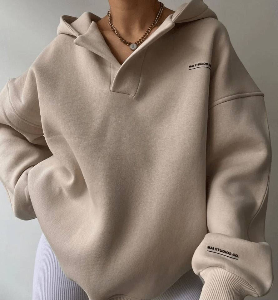 Oversized Hoodie with Open V Neckline in beige