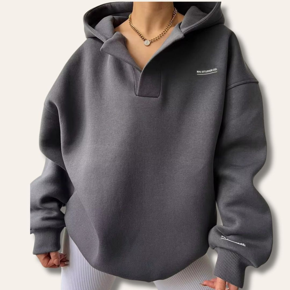Oversized Hoodie with Open V Neckline in grey