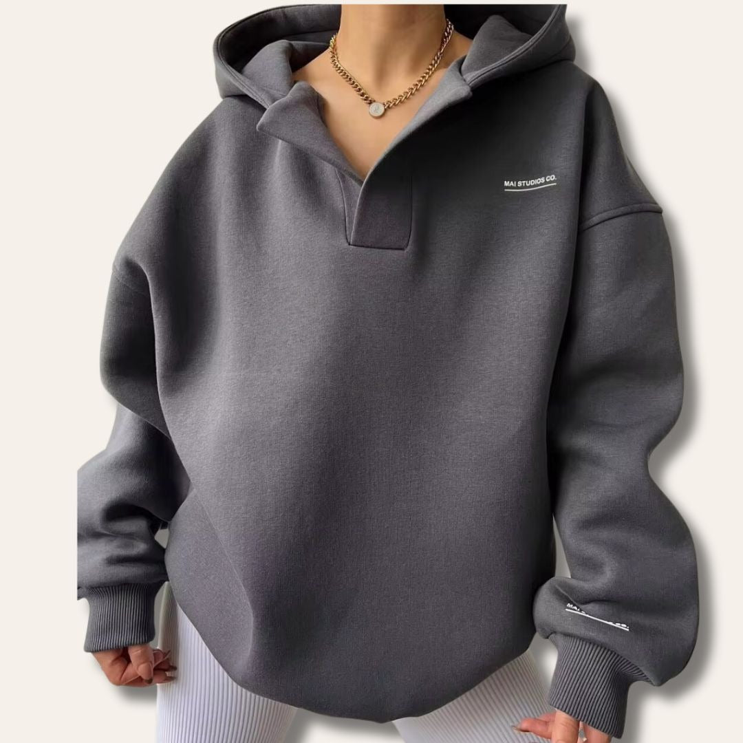 Oversized Hoodie with Open V Neckline in grey