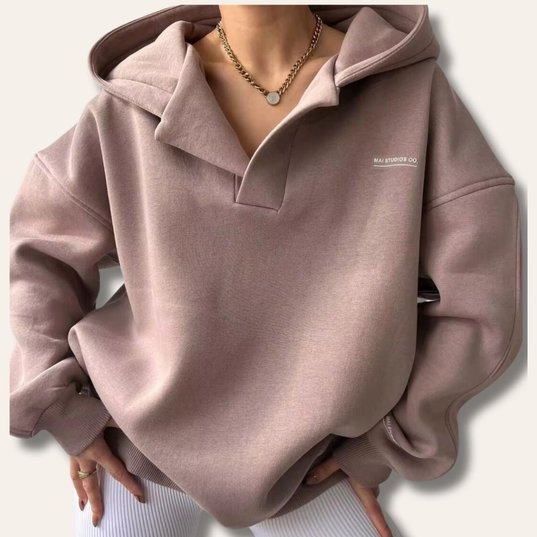 Oversized Hoodie with Open V Neckline in rose grey