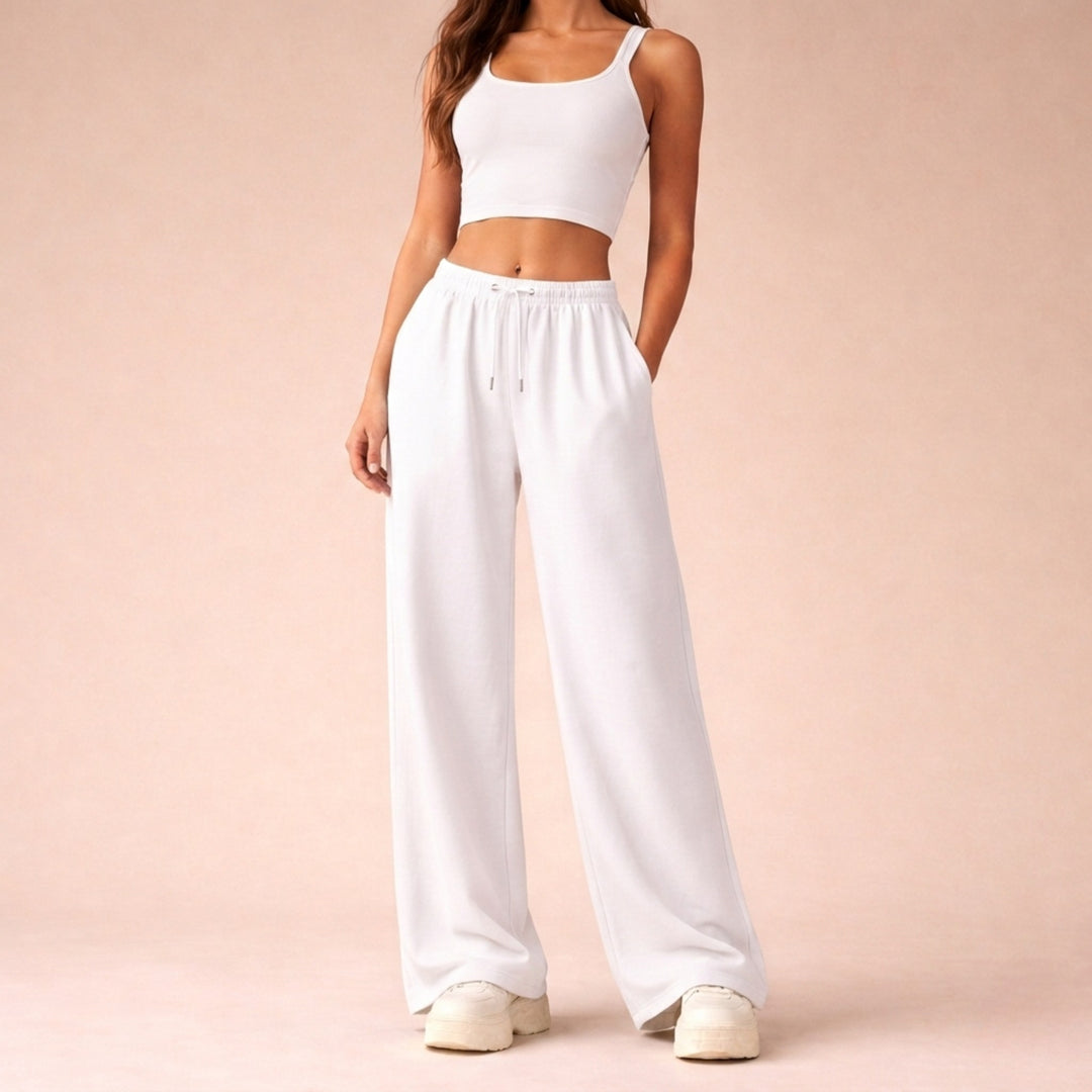 Wide Leg Joggers with Elasticated Waist — Katherine, White