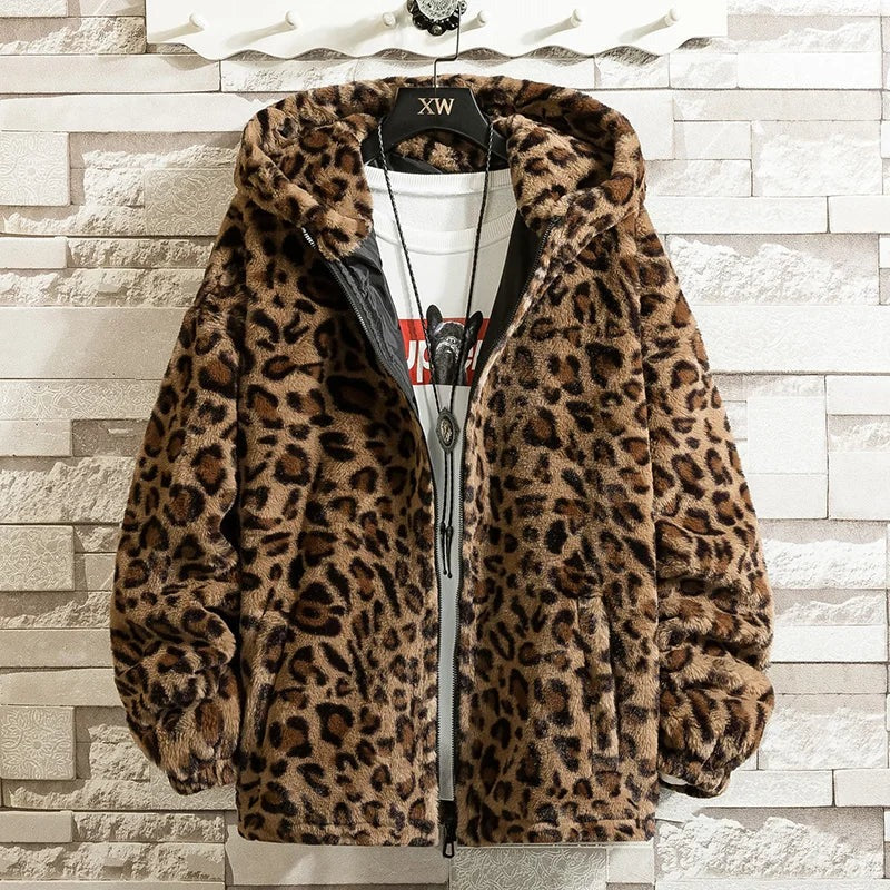 Leopard Print Faux Fur Jacket with Hood in leopard