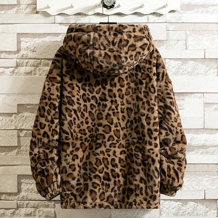 Leopard Print Faux Fur Jacket with Hood