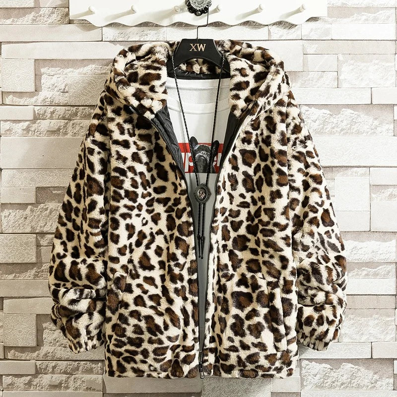Leopard Print Faux Fur Jacket with Hood