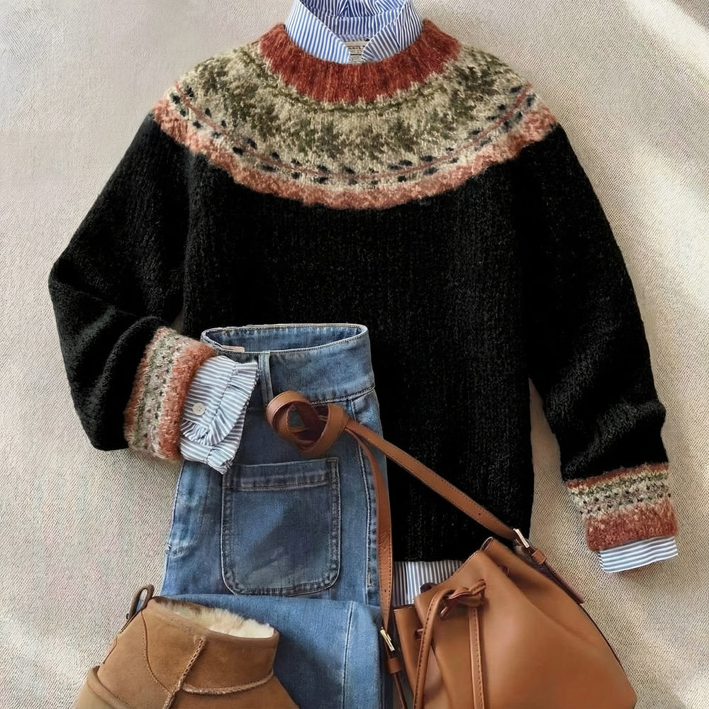Mock Neck Fair Isle Jumper for Women — Louisa, Black
