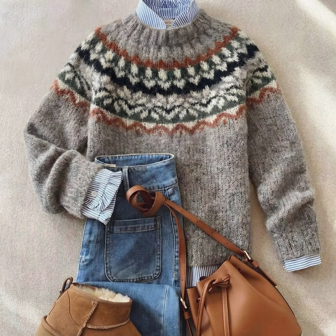Mock Neck Fair Isle Jumper for Women — Louisa, Oatmeal