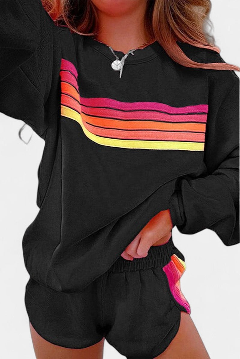 Striped Crew Neck Lounge Set for Women in black