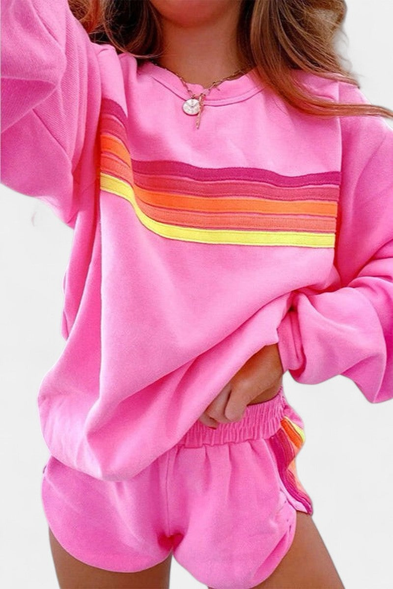 Striped Crew Neck Lounge Set for Women in pink
