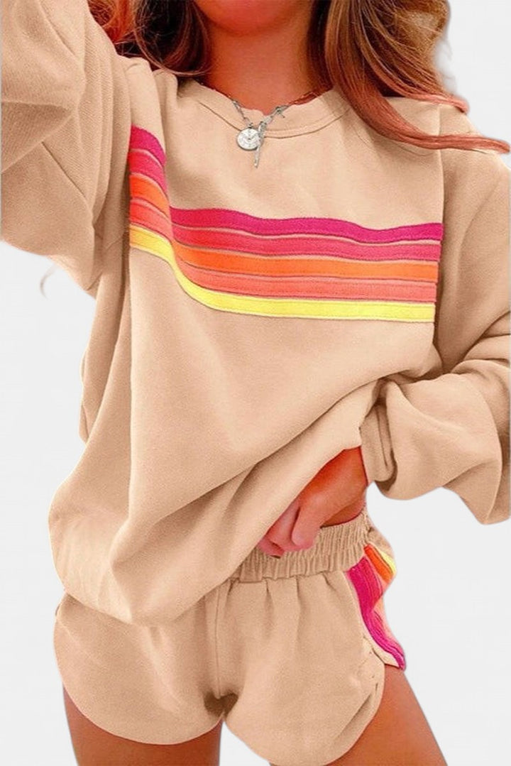 Striped Crew Neck Lounge Set for Women in khaki