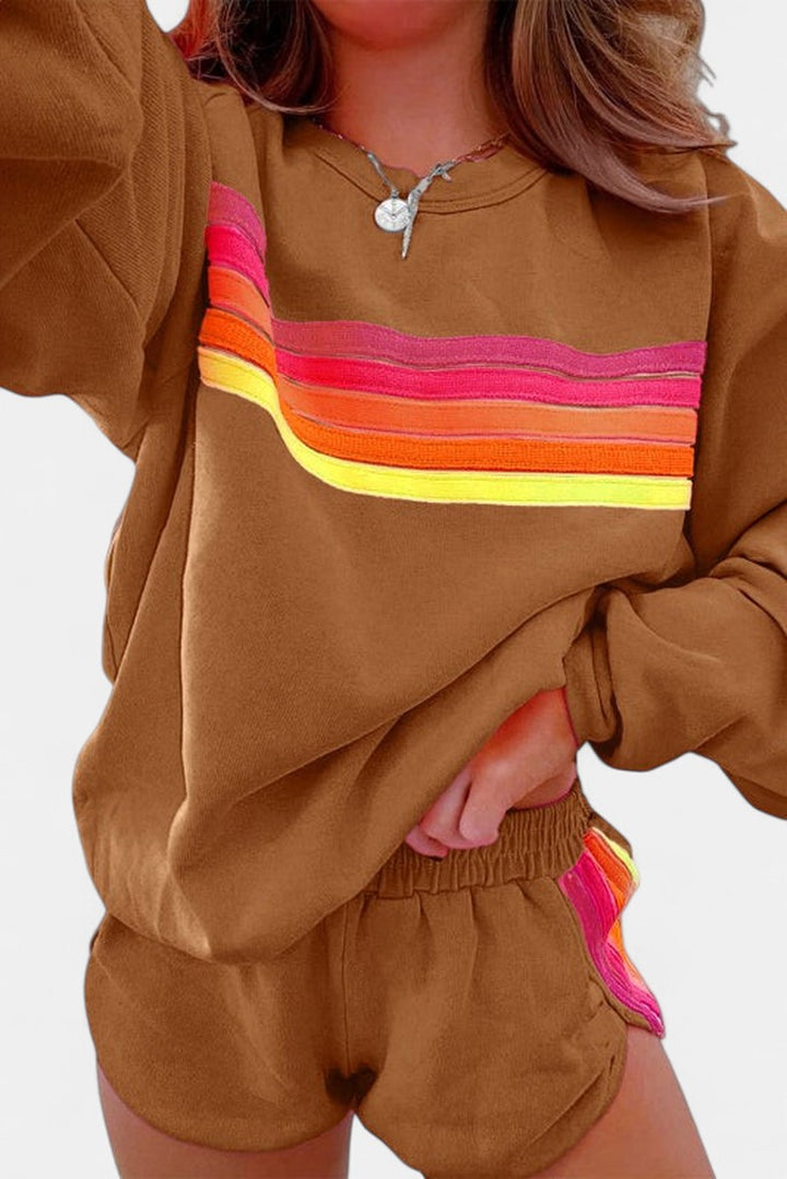 Striped Crew Neck Lounge Set for Women in brown
