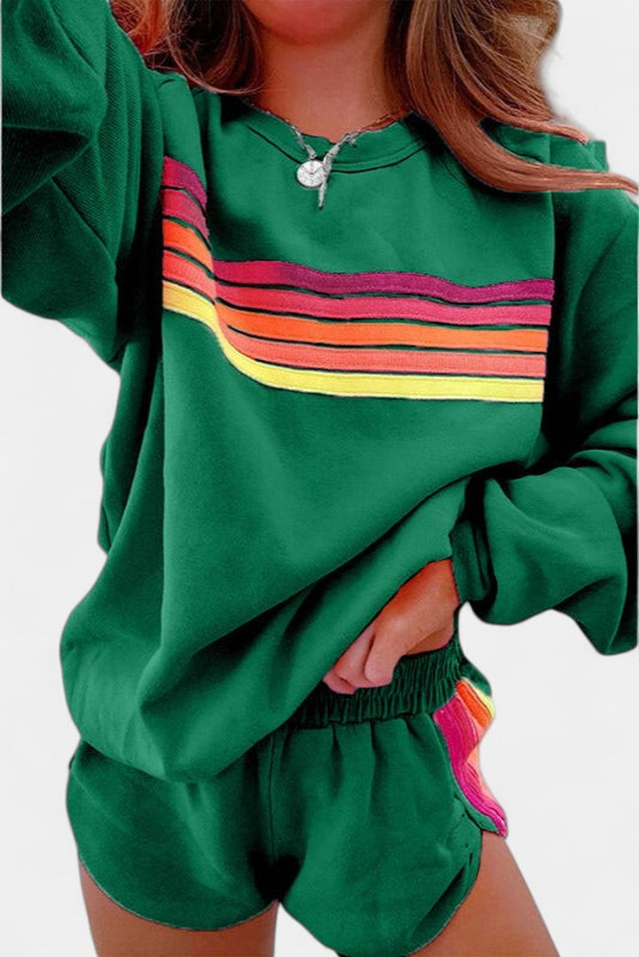 Striped Crew Neck Lounge Set for Women in green