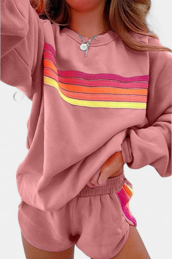 Striped Crew Neck Lounge Set for Women in rose red