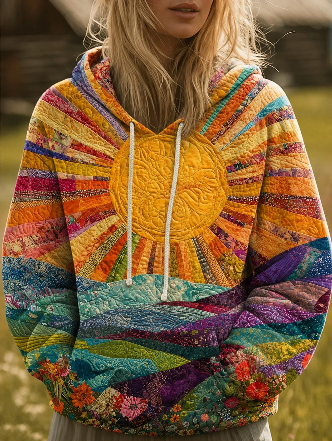 Quilted Patchwork Hoodie with Kangaroo Pocket in charcoal