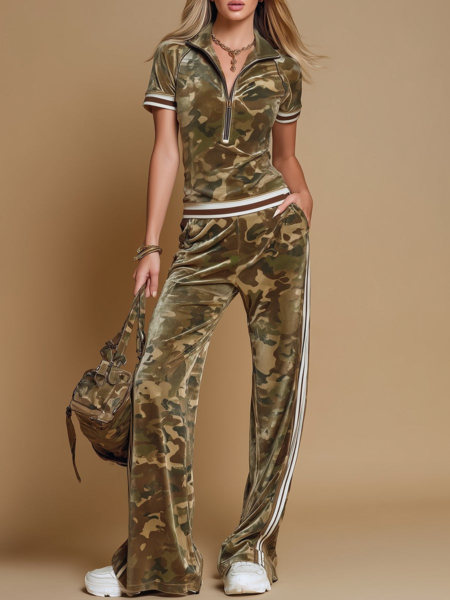 Camo Print Velour Lounge Set for Women in camouflage