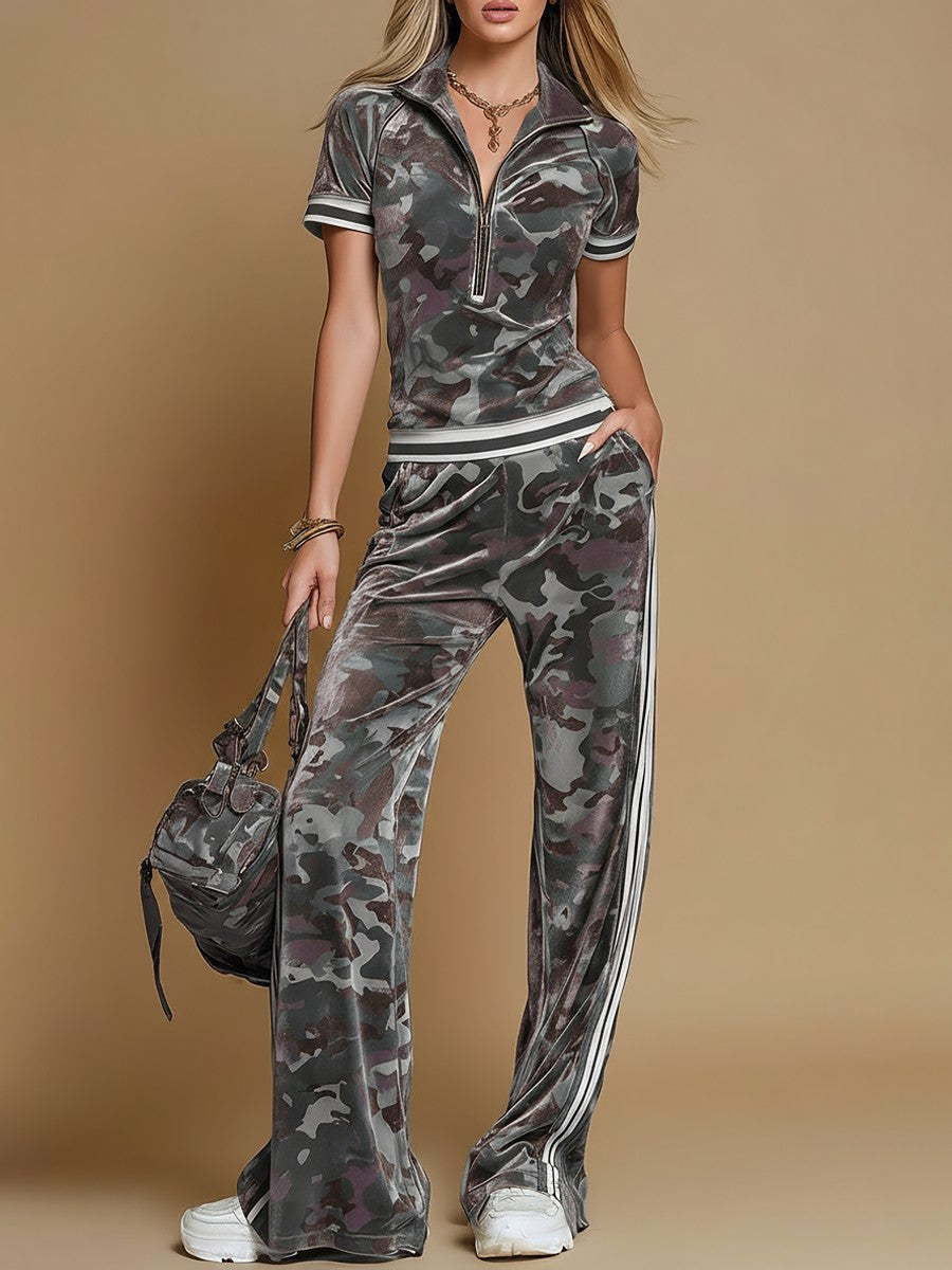 Camo Print Velour Lounge Set for Women in grey