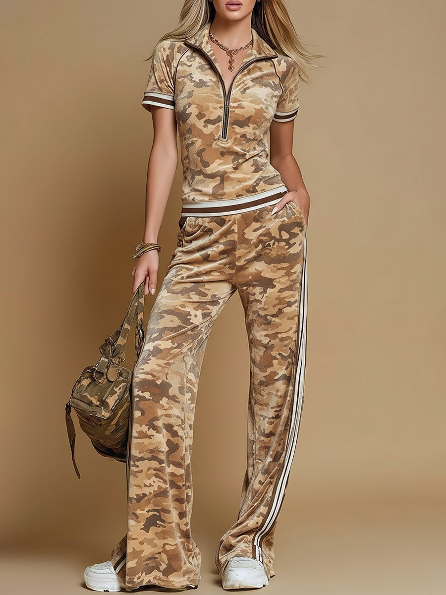Camo Print Velour Lounge Set for Women in khaki