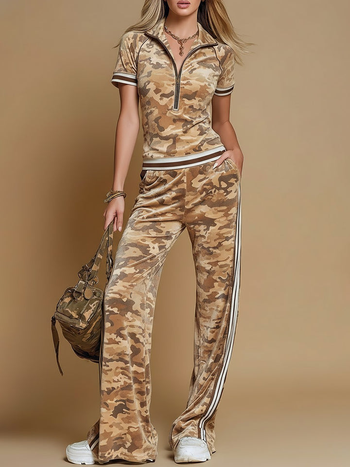 Camo Print Velour Lounge Set for Women in khaki