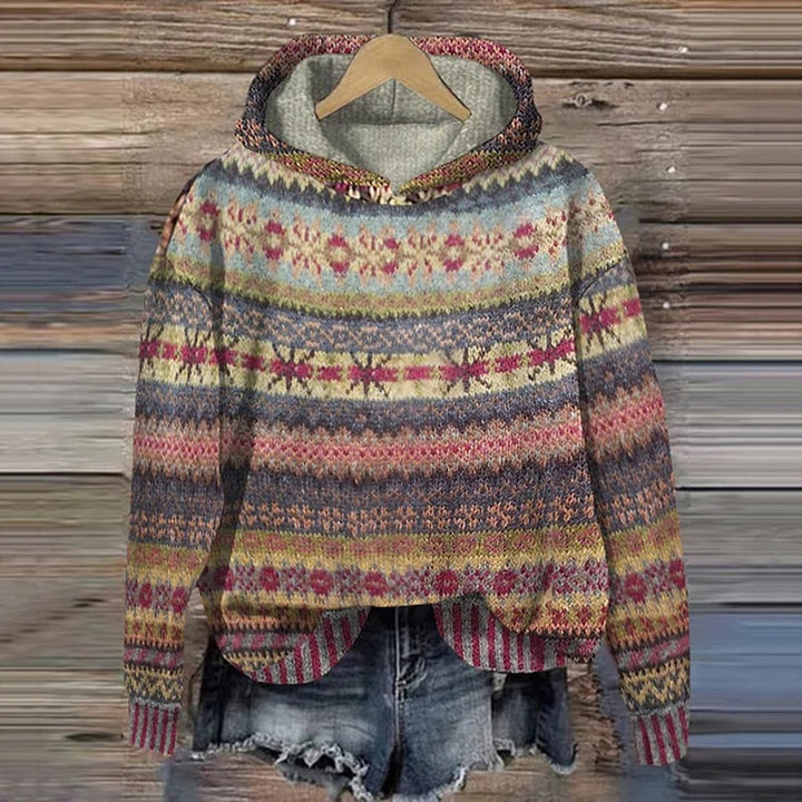 Patterned Knit Hoodie with Drawstring Hood in brown