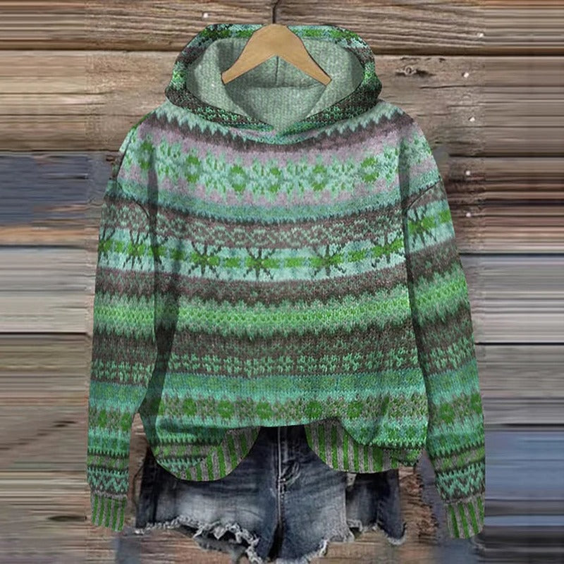 Patterned Knit Hoodie with Drawstring Hood in green