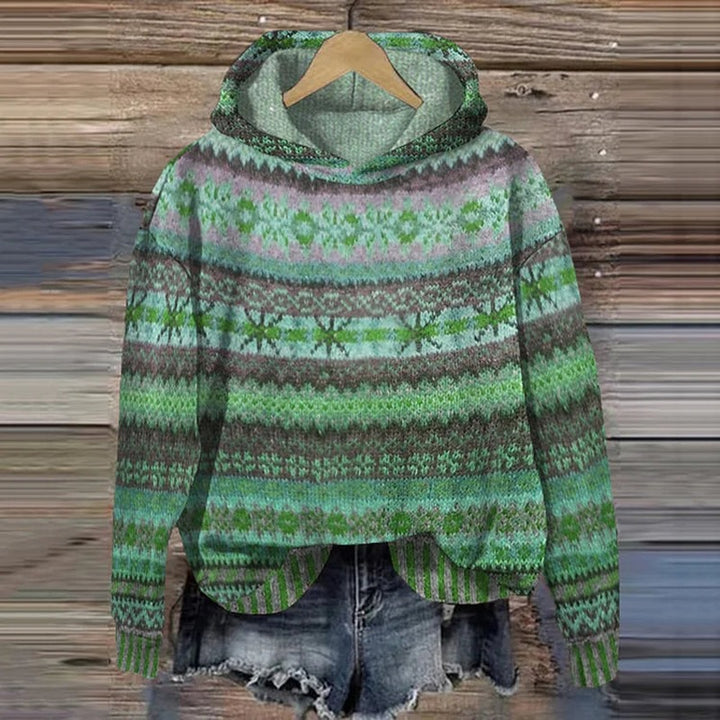 Patterned Knit Hoodie with Drawstring Hood in green