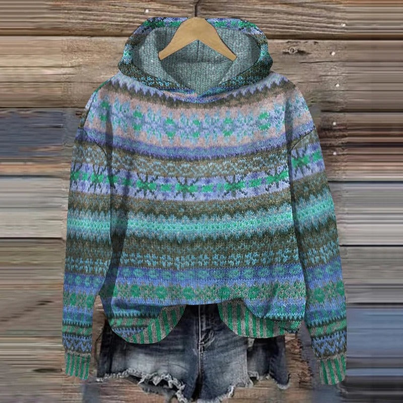 Patterned Knit Hoodie with Drawstring Hood in blue