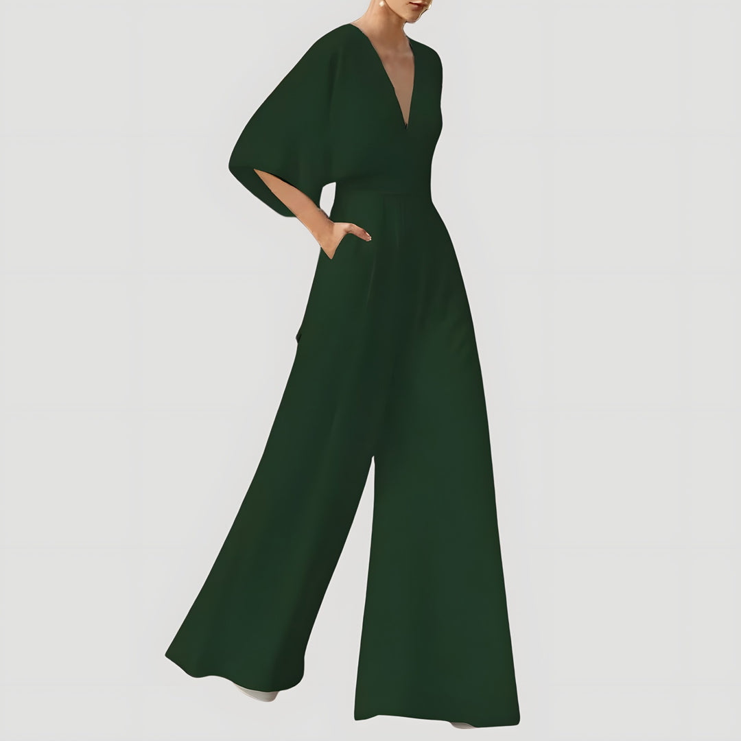 V Neck Wide Leg Jumpsuit for Women — Nancy, Dark Green