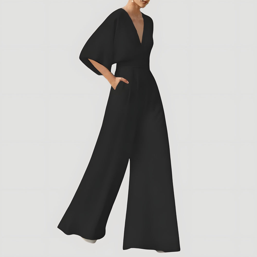 V Neck Wide Leg Jumpsuit for Women — Nancy, Black