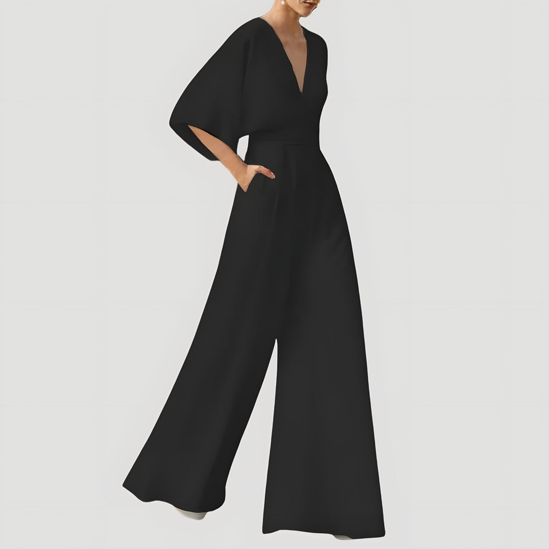 V Neck Wide Leg Jumpsuit for Women — Nancy, Black