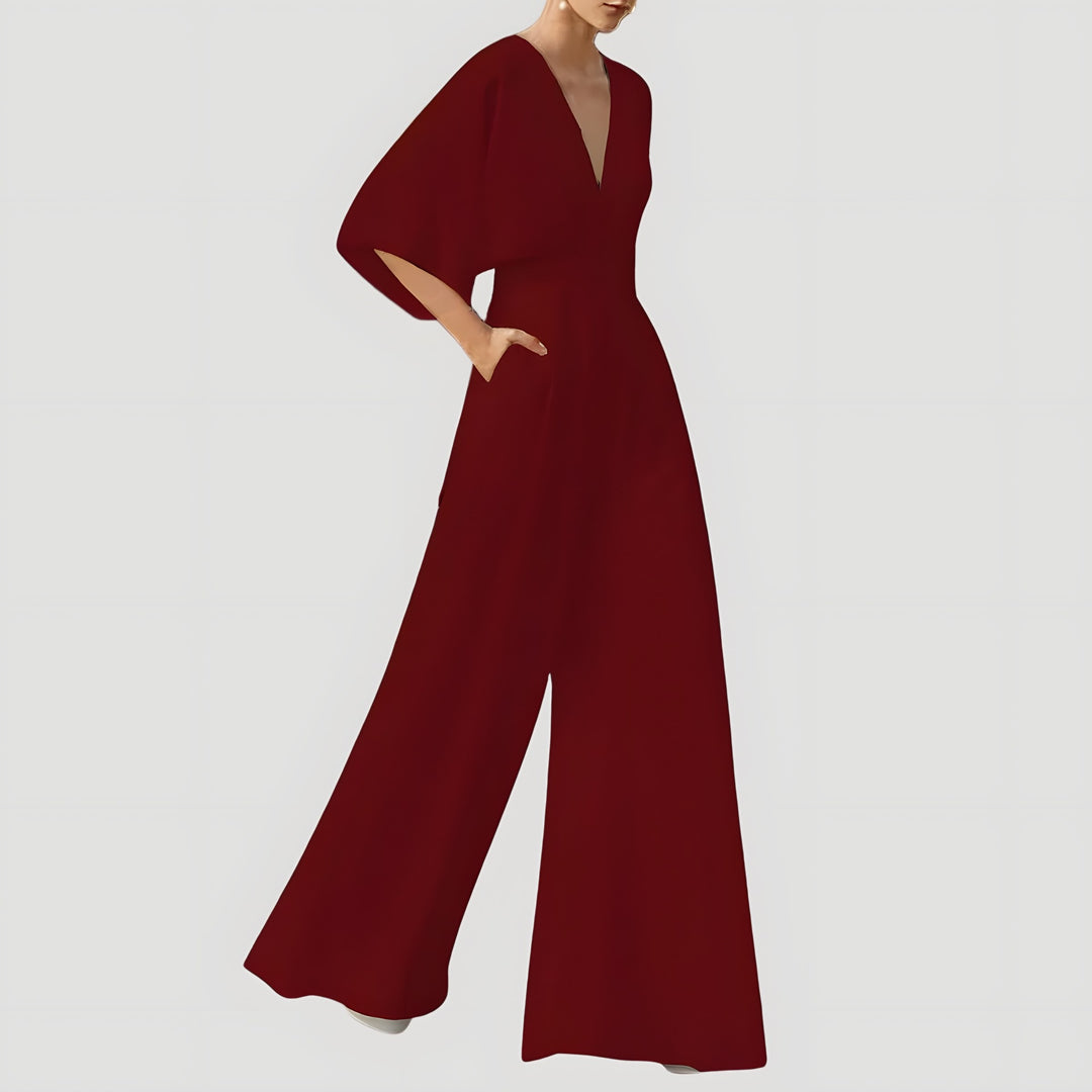 V Neck Wide Leg Jumpsuit for Women — Nancy, Burgundy