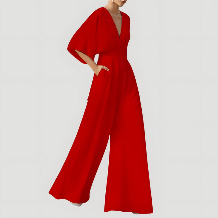 V Neck Wide Leg Jumpsuit for Women — Nancy, Red