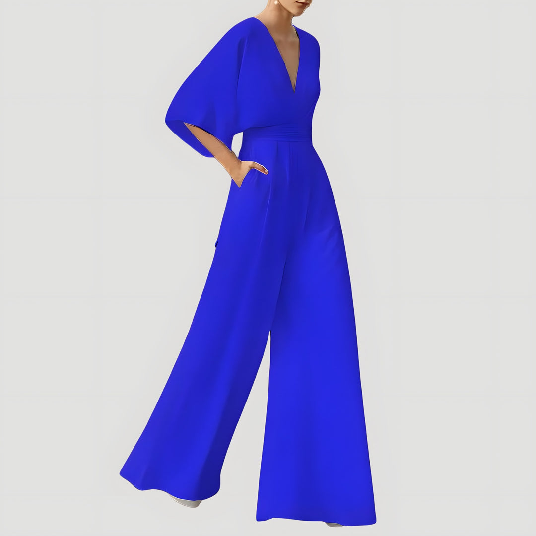 V Neck Wide Leg Jumpsuit for Women — Nancy, Royal Blue