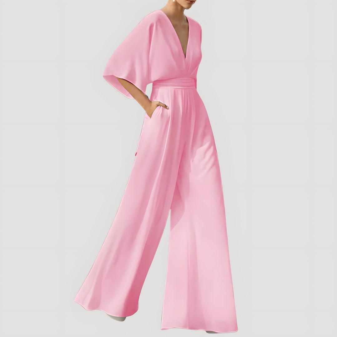 V Neck Wide Leg Jumpsuit for Women — Nancy, Pink