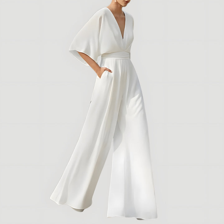 V Neck Wide Leg Jumpsuit for Women — Nancy, White