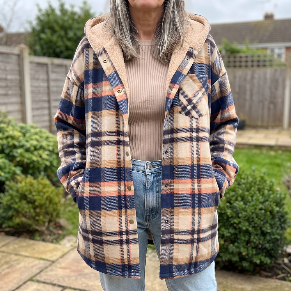 Hooded Check Shacket for Women — Naomi, Beige