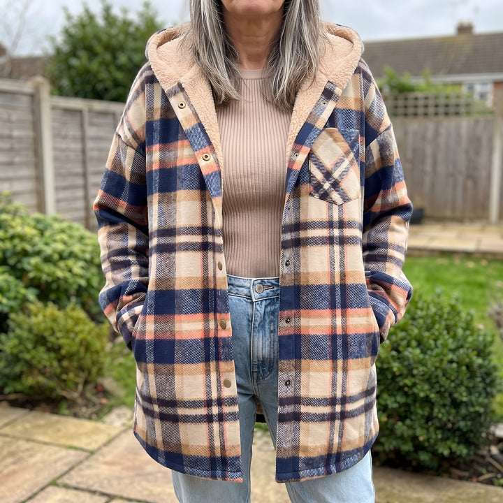 Hooded Check Shacket for Women — Naomi, Beige