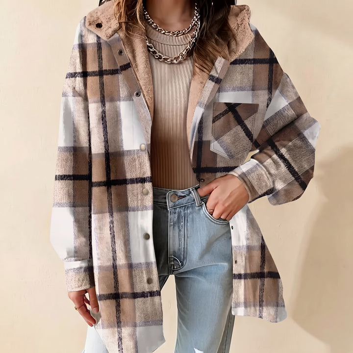 Hooded Check Shacket for Women — Naomi, Cream