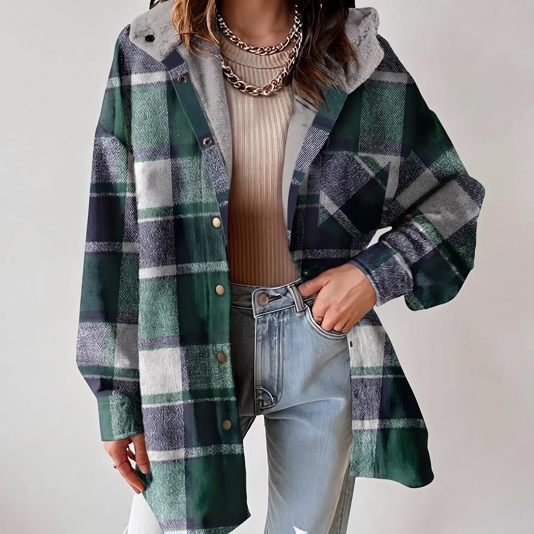 Hooded Check Shacket for Women — Naomi, Green