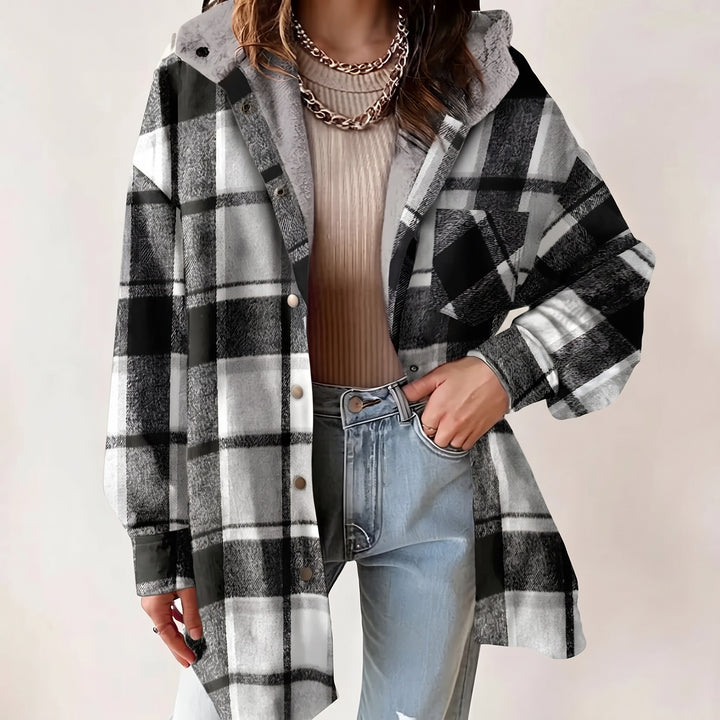 Hooded Check Shacket for Women — Naomi, Black
