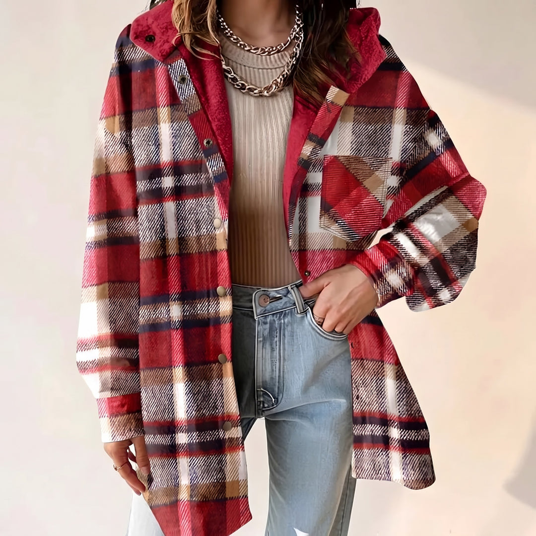 Hooded Check Shacket for Women — Naomi, Red