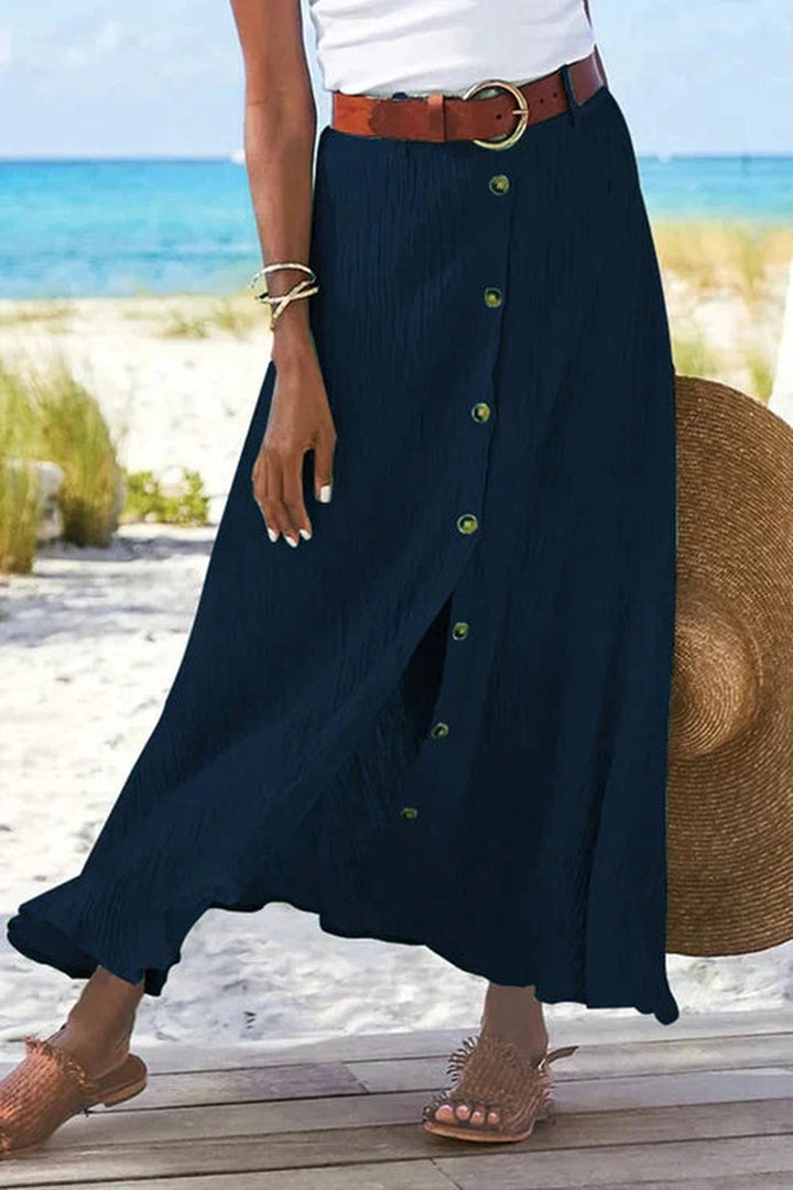 Button Front Maxi Skirt with High Waist in navy blue