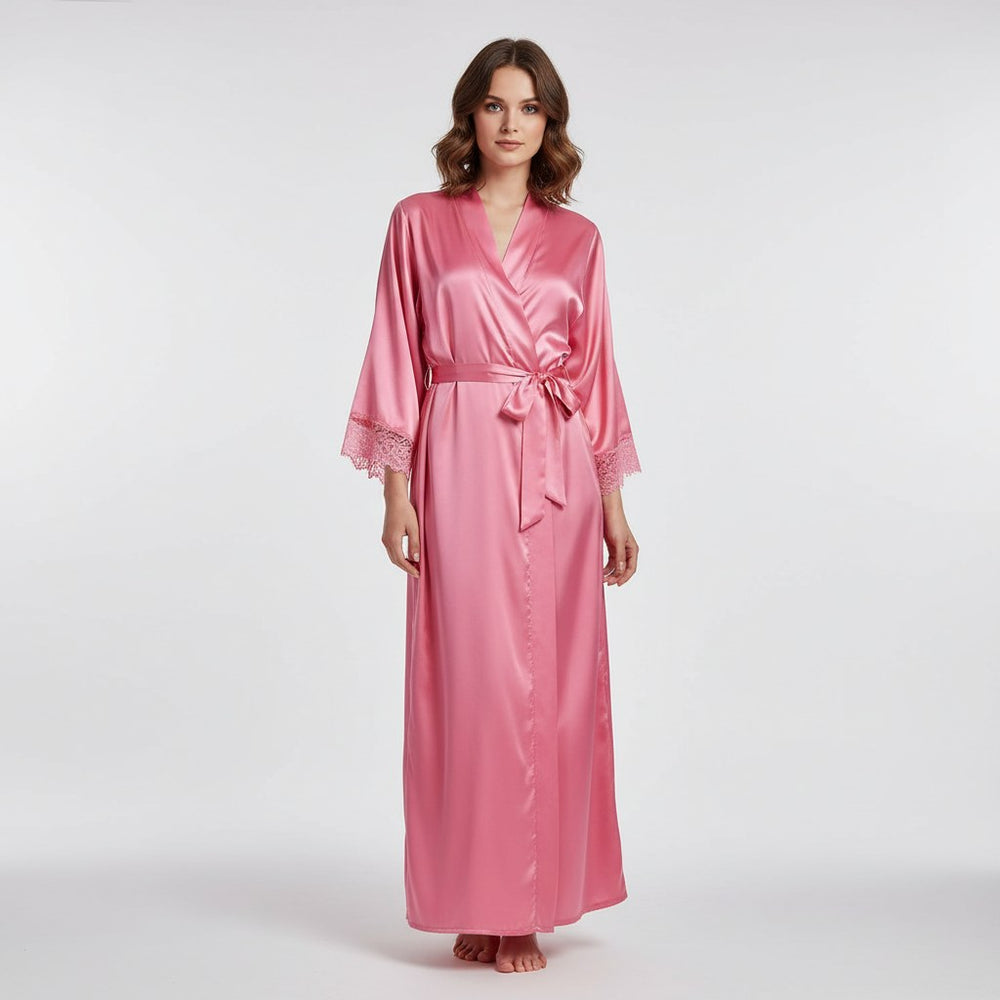 Niamh – Long Satin Dressing Gown for Women with Lace Trim and Belt