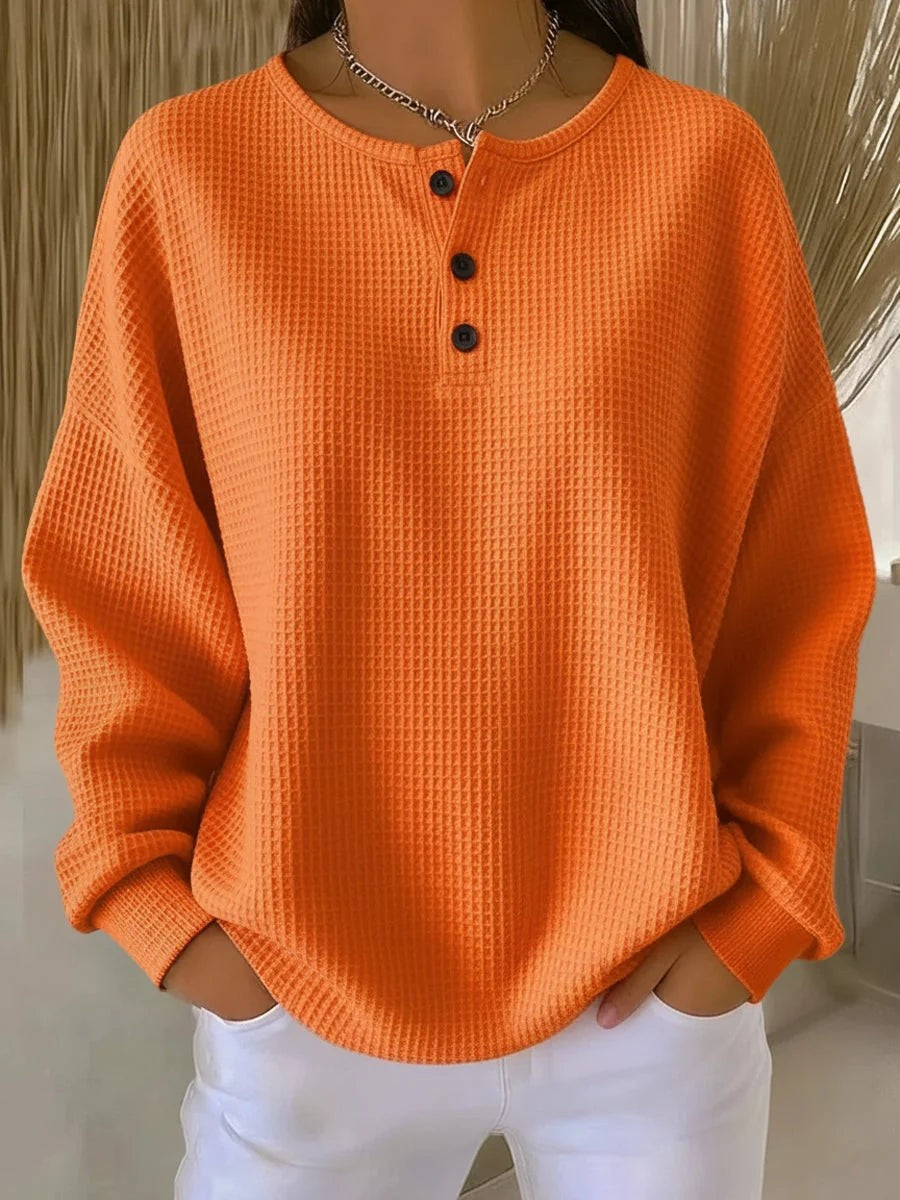 Waffle Knit Henley Sweatshirt for Women in orange