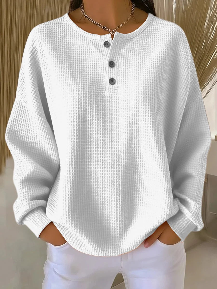 Waffle Knit Henley Sweatshirt for Women in white