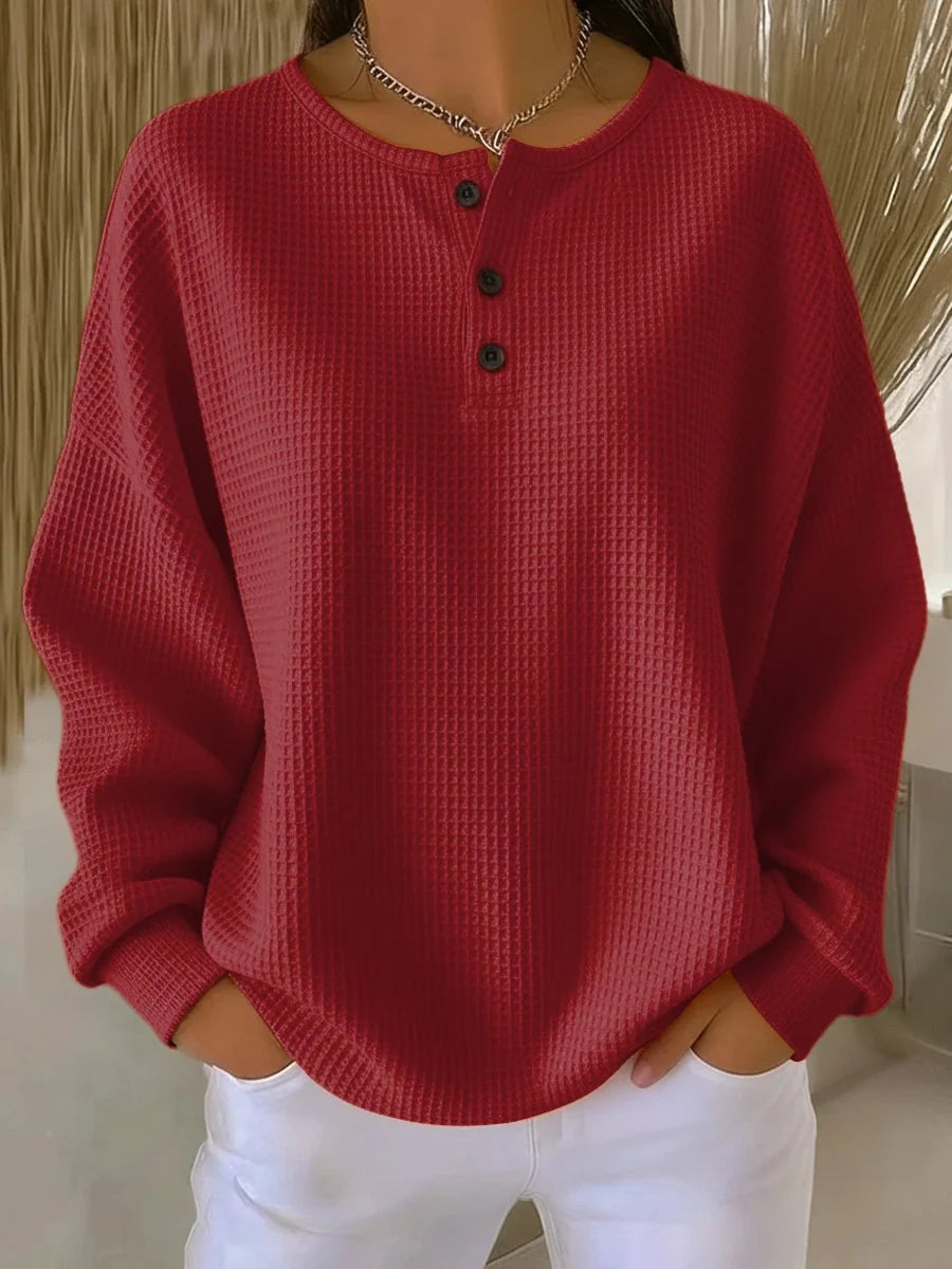 Waffle Knit Henley Sweatshirt for Women in red