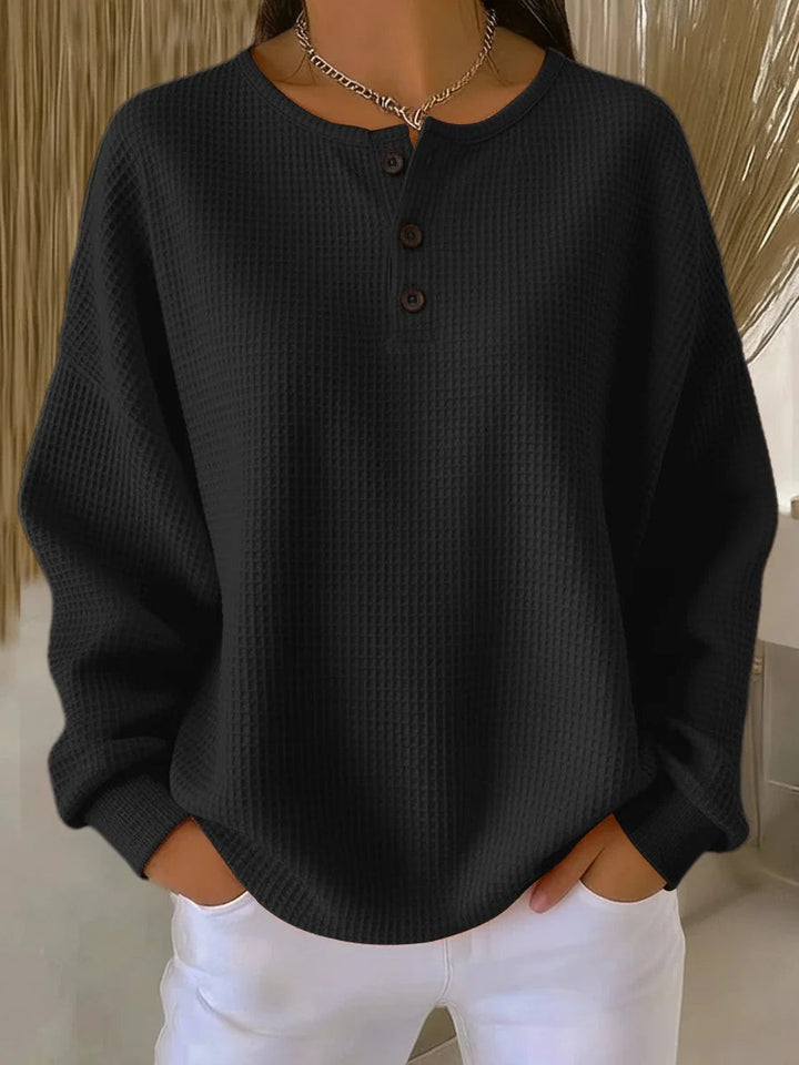 Waffle Knit Henley Sweatshirt for Women in black