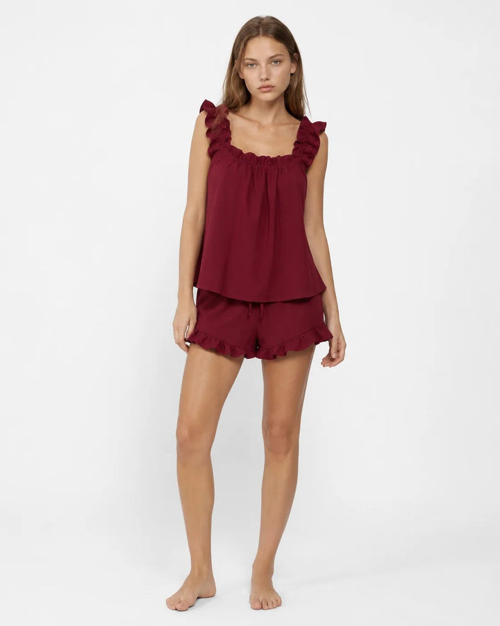 Ruffle Strap Pyjamas with Ruffled Hem in burgundy