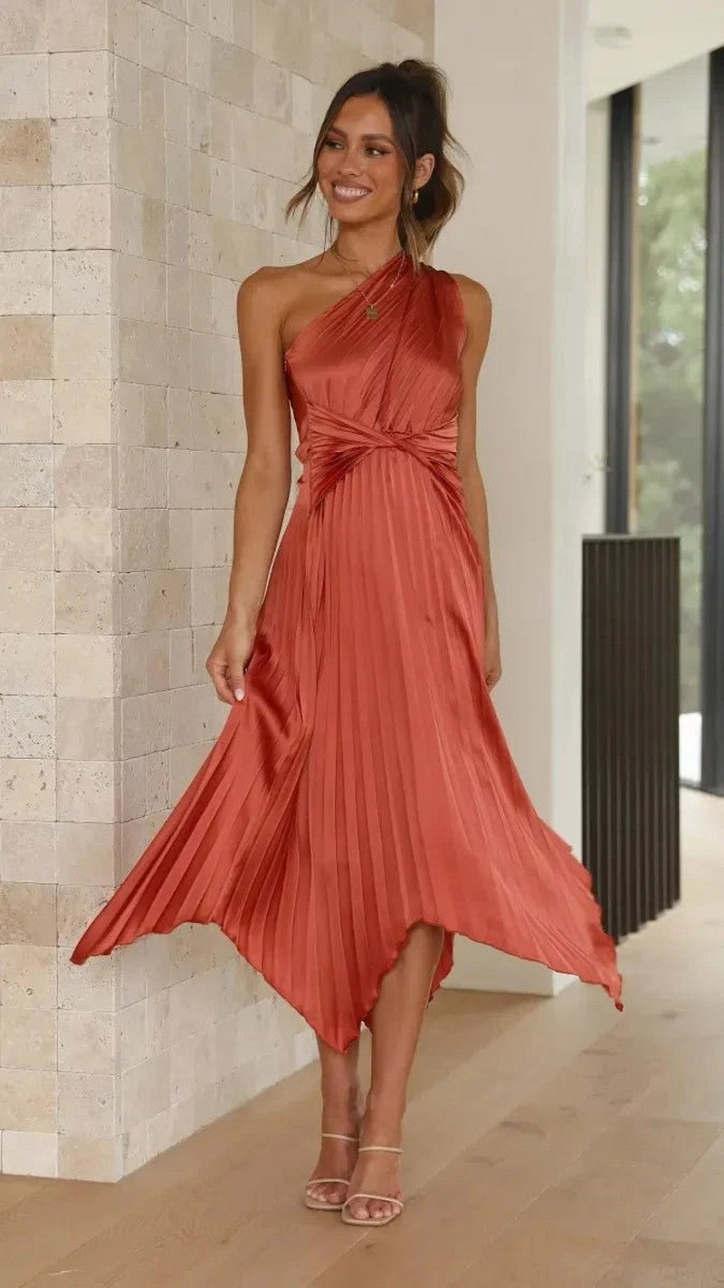 Esyllt — One Shoulder Pleated Christmas Party Dress for Women