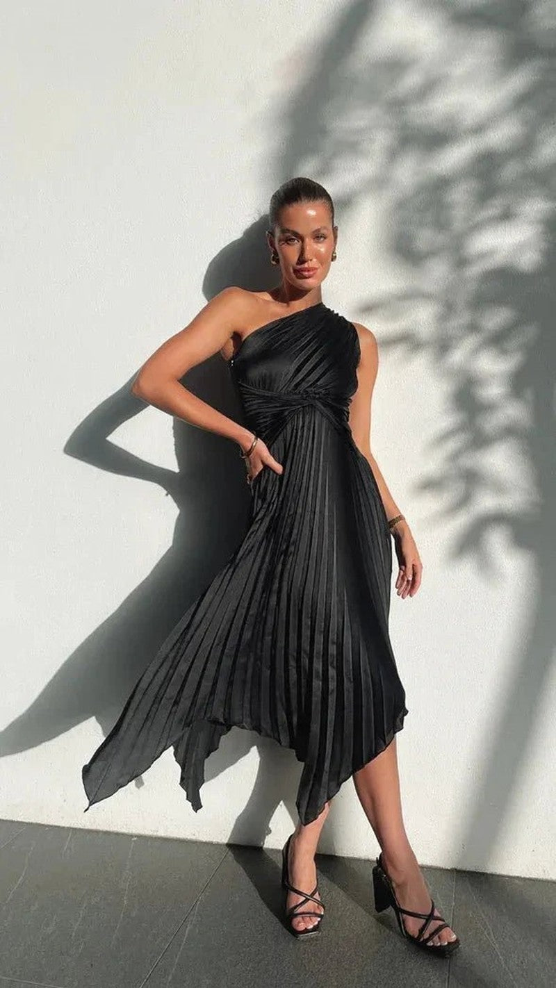 Esyllt — One Shoulder Pleated Christmas Party Dress for Women