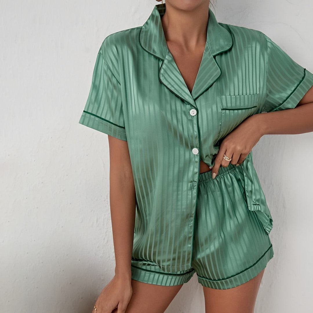 Satin Pyjamas for Women — Ophelia, Green Stripe