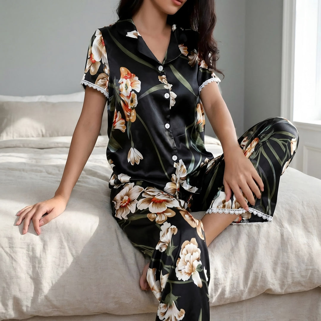 Lace Trim Pyjamas for Women — Poppy, Black Floral